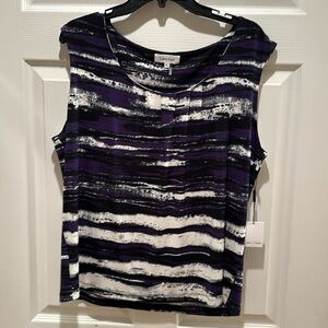 New! Calvin Klein Women's Sleeveless Printed Pleat-Neck Top Black Size XL